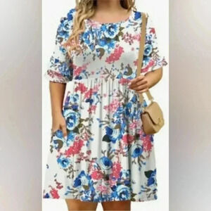 Trailibee Floral Plus Short‎ Sleeve Dress Casual Pleated Swing Dresses Sx 3X NWT